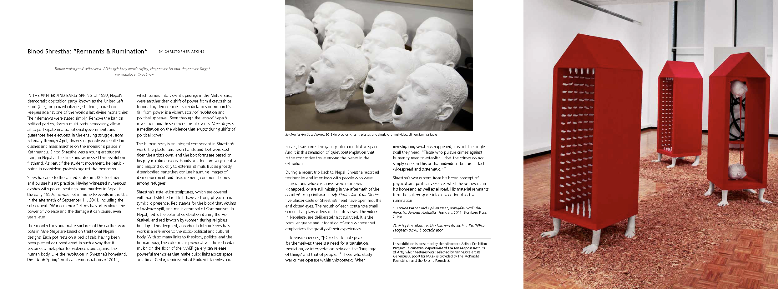 Art exhibition spread featuring white plaster human skulls and red cabinet-like sculptures with human limbs, accompanying an article about artist Binod Shrestha’s “Remnants & Rumination.”