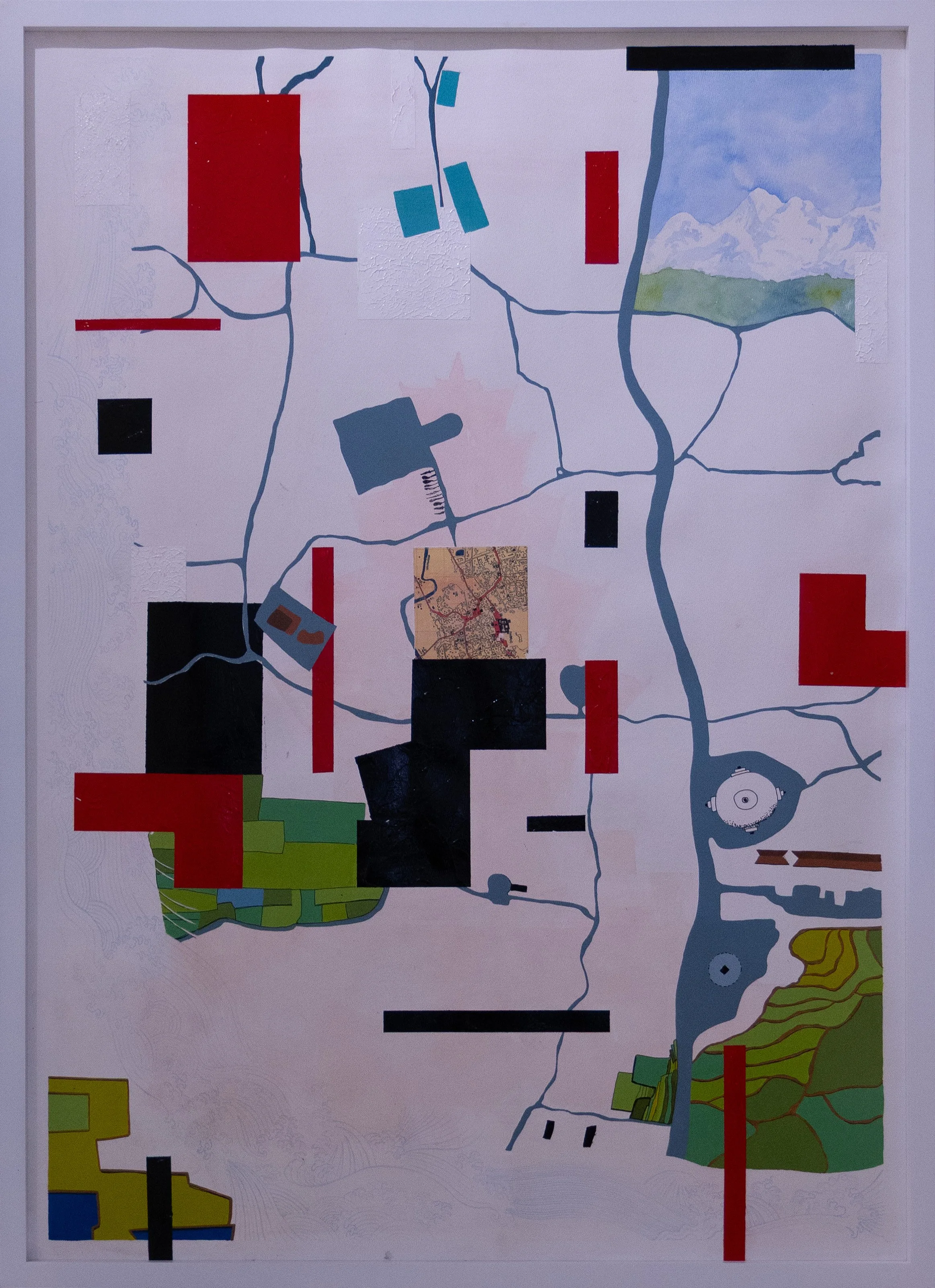 A map with roads, buildings, and landscape features, including a lake, mountains, and green areas, with various red, black, and colored blocks overlayed.