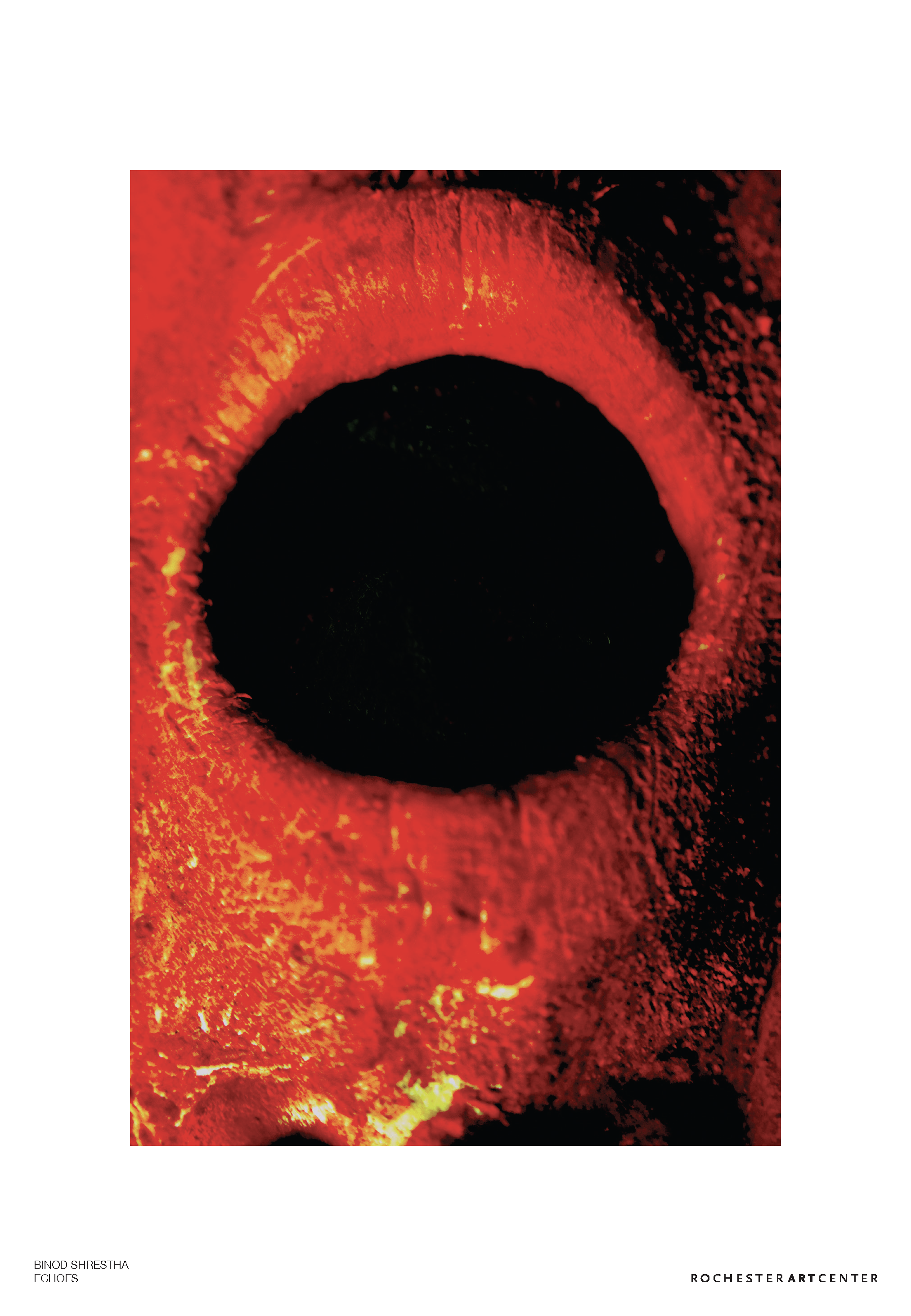 Abstract red and black close-up artwork with a large dark circular center, titled “Echoes” by Binod Shrestha.