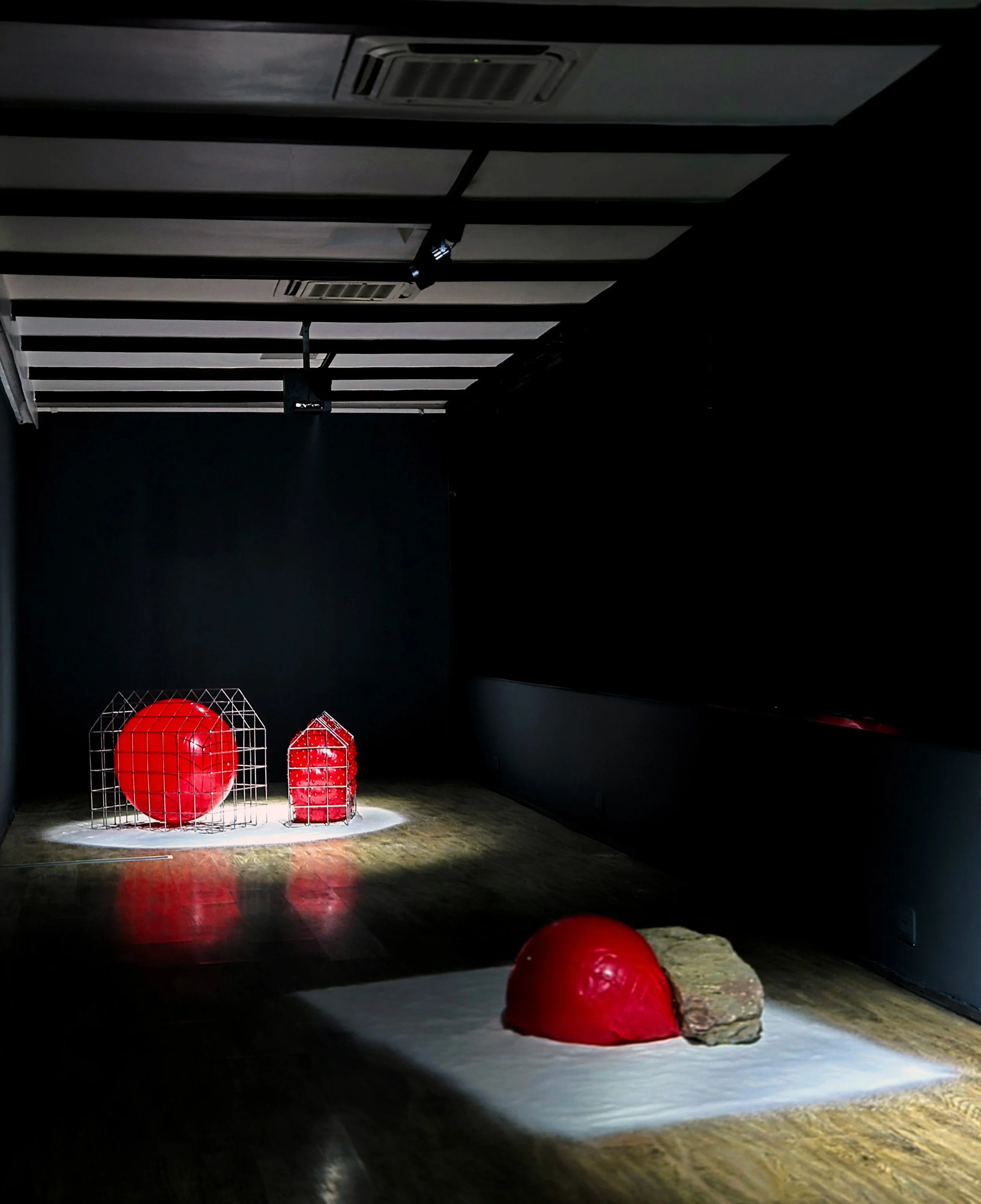 Exhibit with red spherical objects, a large rock, and a wire cage in a dimly lit room.