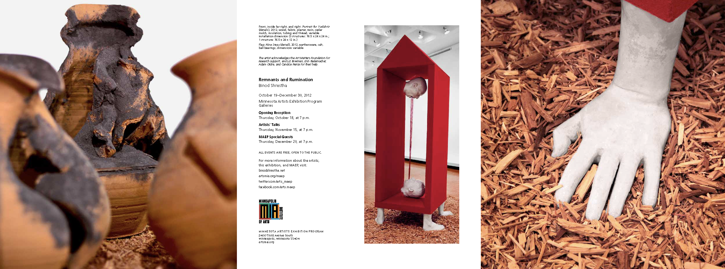 Art exhibition brochure featuring sculptural figures, a red box installation with suspended heads and legs, and a close-up of a pale sculpted hand in wood mulch