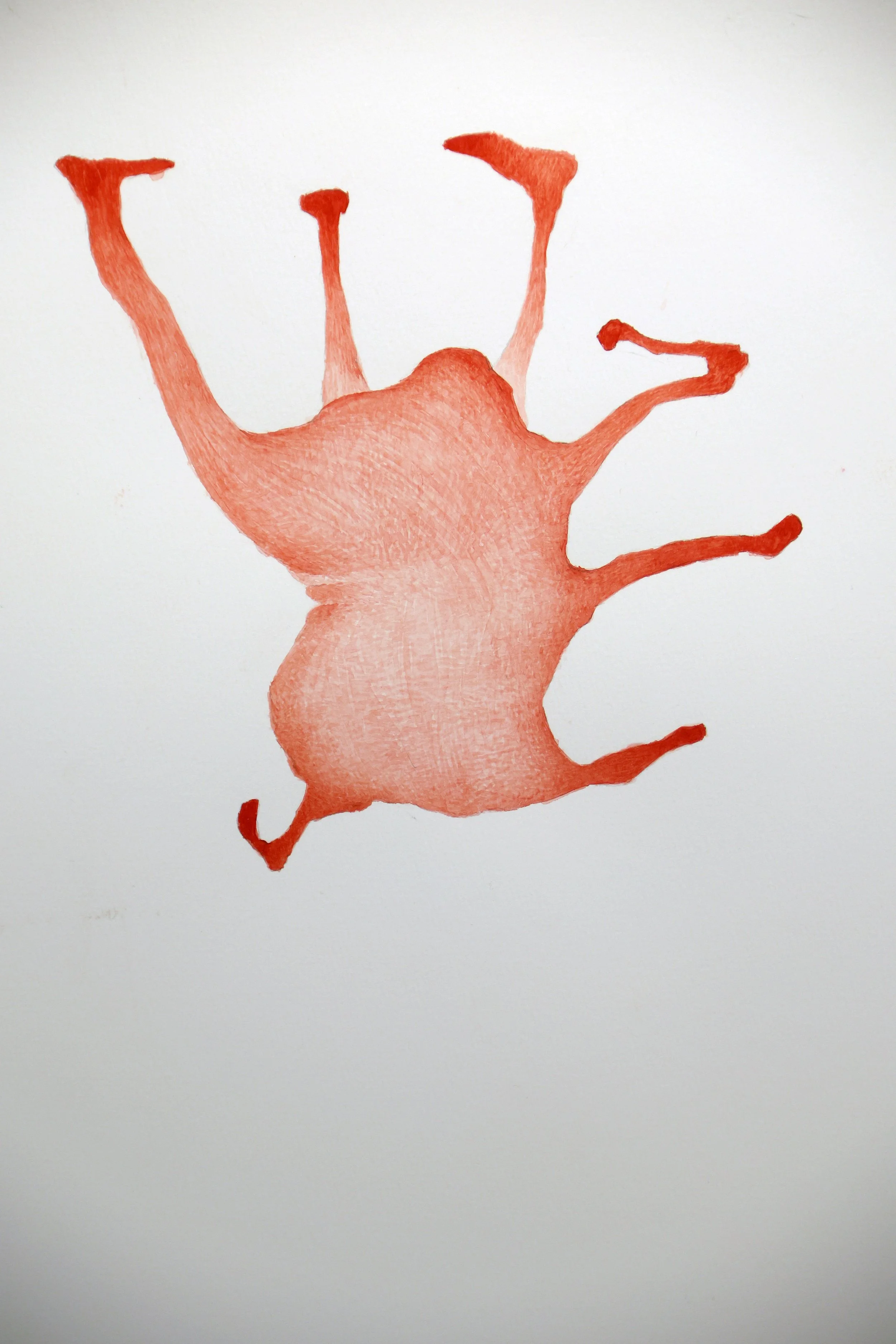 A watercolor painting that resembles a body or bodies, painted in red and orange shades on a white background.