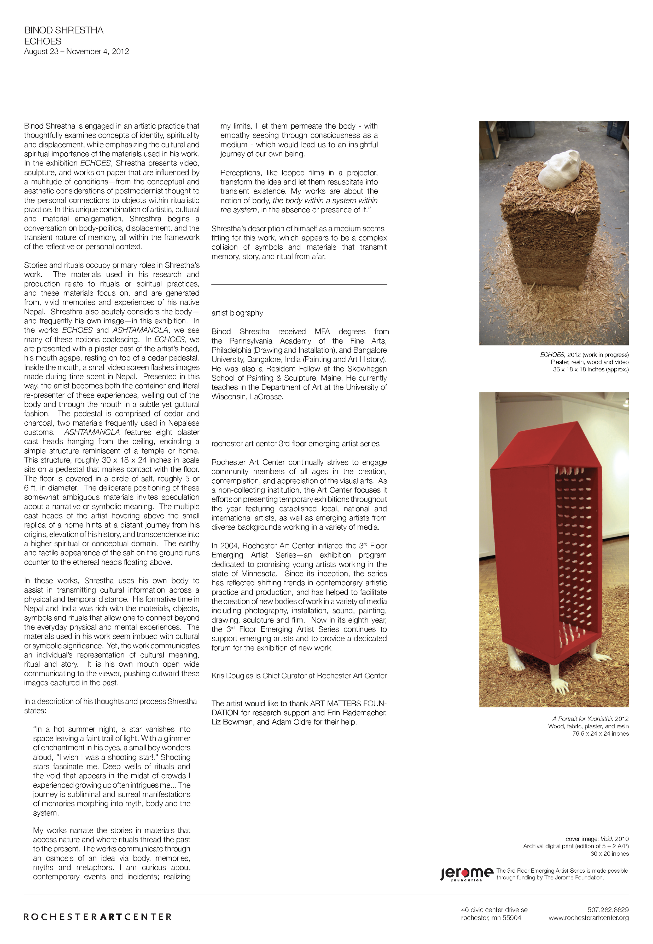Rochester Art Center exhibition brochure for Binod Shrestha’s ECHOES, featuring photos of a plaster head on a cedar pedestal and a red house-shaped sculpture with legs.