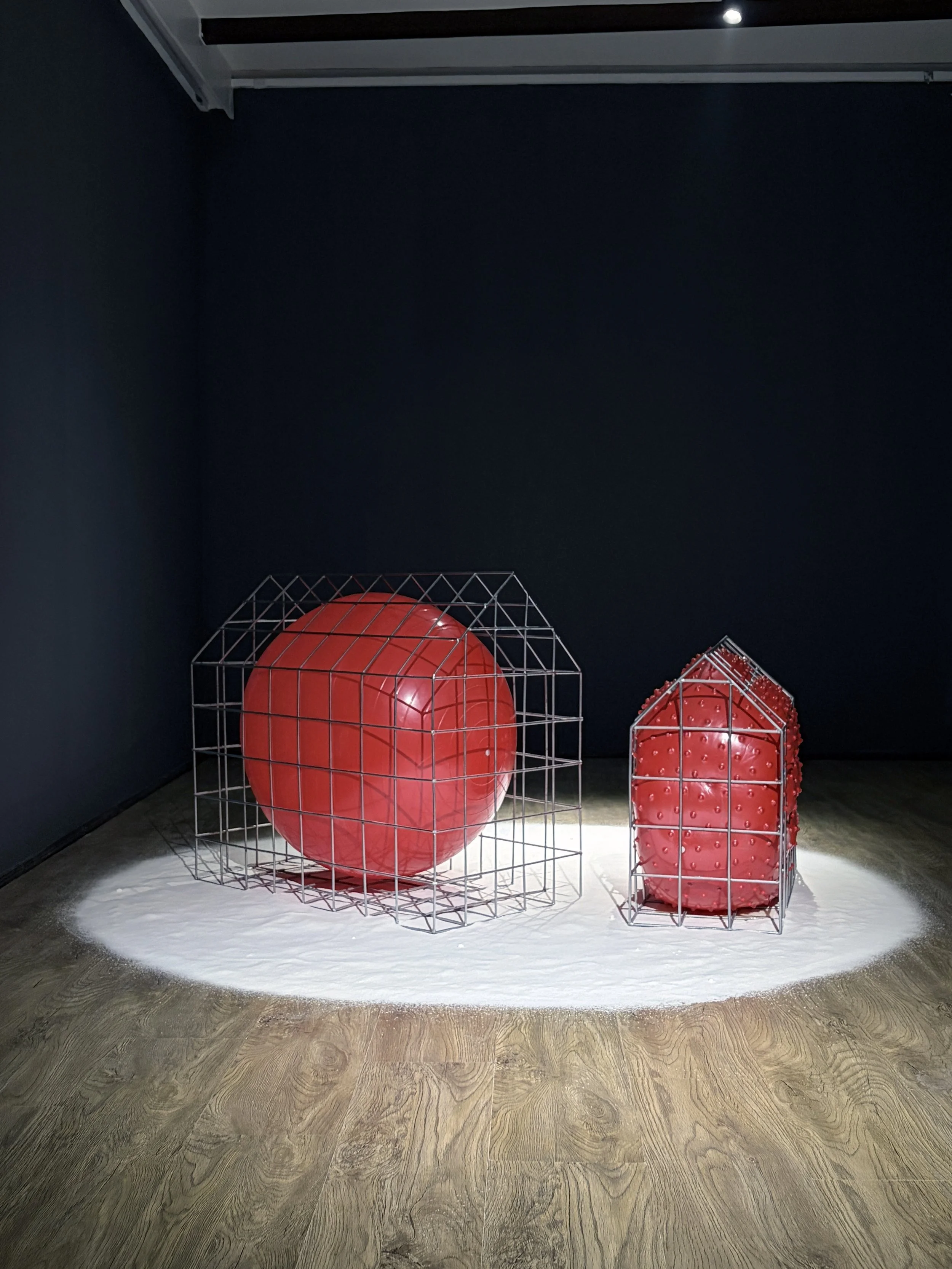 An art installation features a large red sphere inside a metal wireframe cube and an elongated red sculpture with textured bumps inside a glass display case, set on a white circular platform against a dark wall.