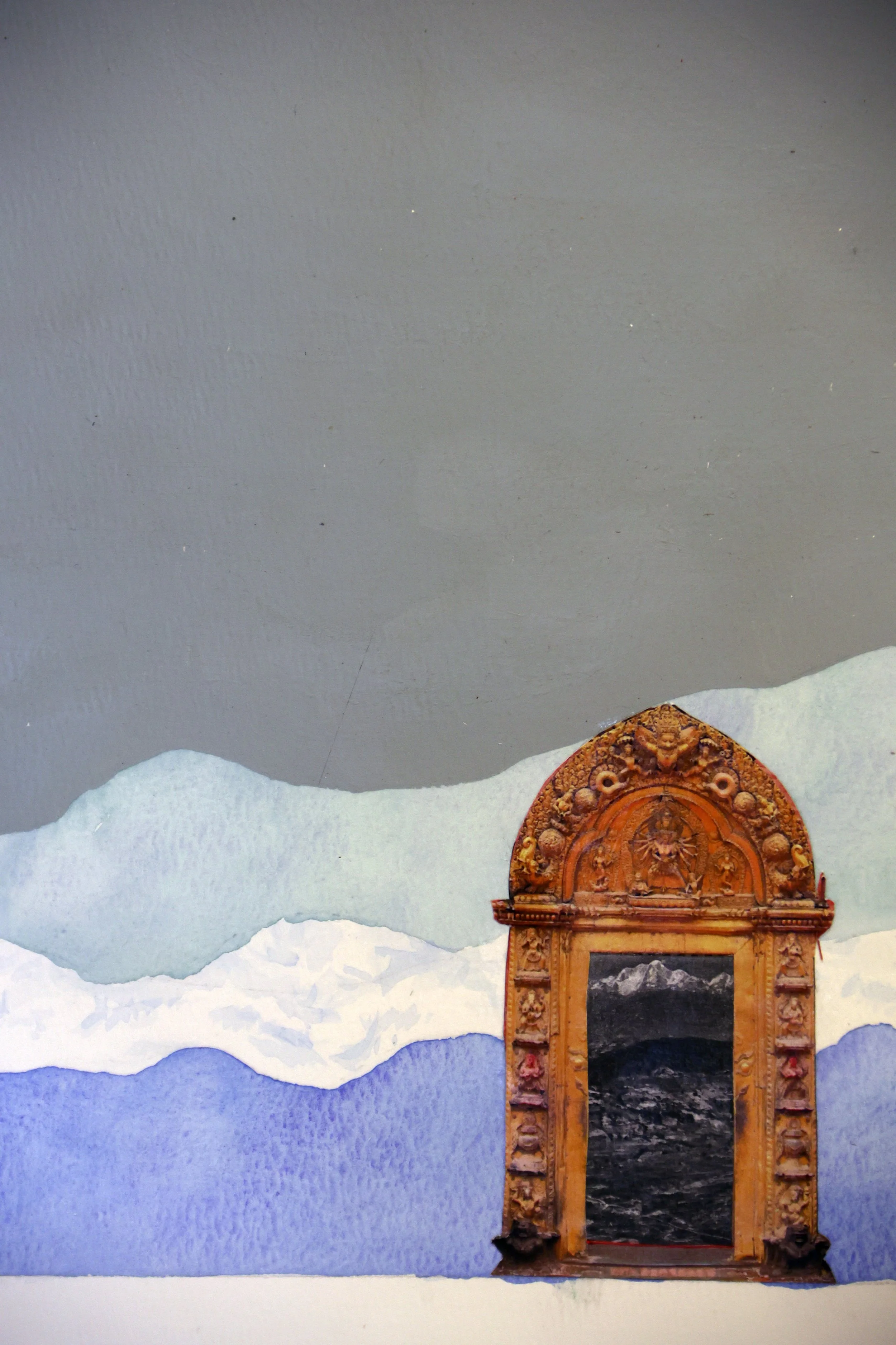 Painting of a traditional ornate wooden door set in a snowy mountain landscape with clouds in the sky.