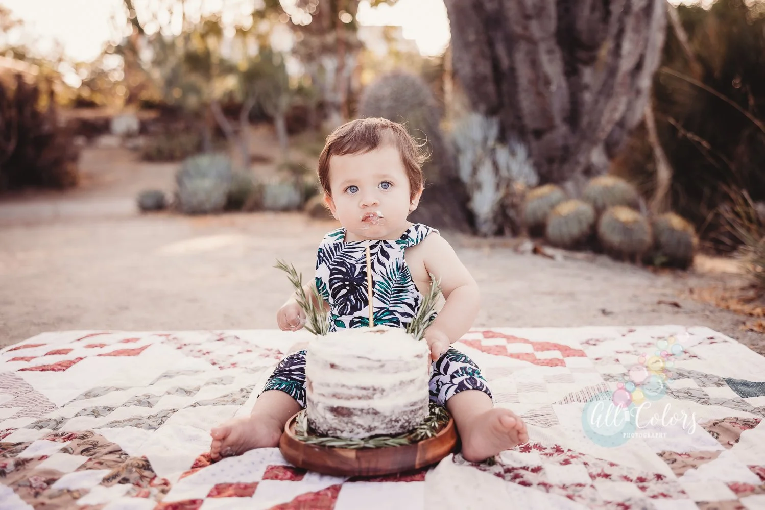 Baby sitting on a quilt outdoors with a small birthday cake in front, decorated with greenery and a candle, trees and desert plants in the background.