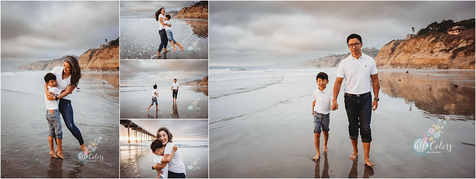 photos of mom and son, and dad and son on the beach