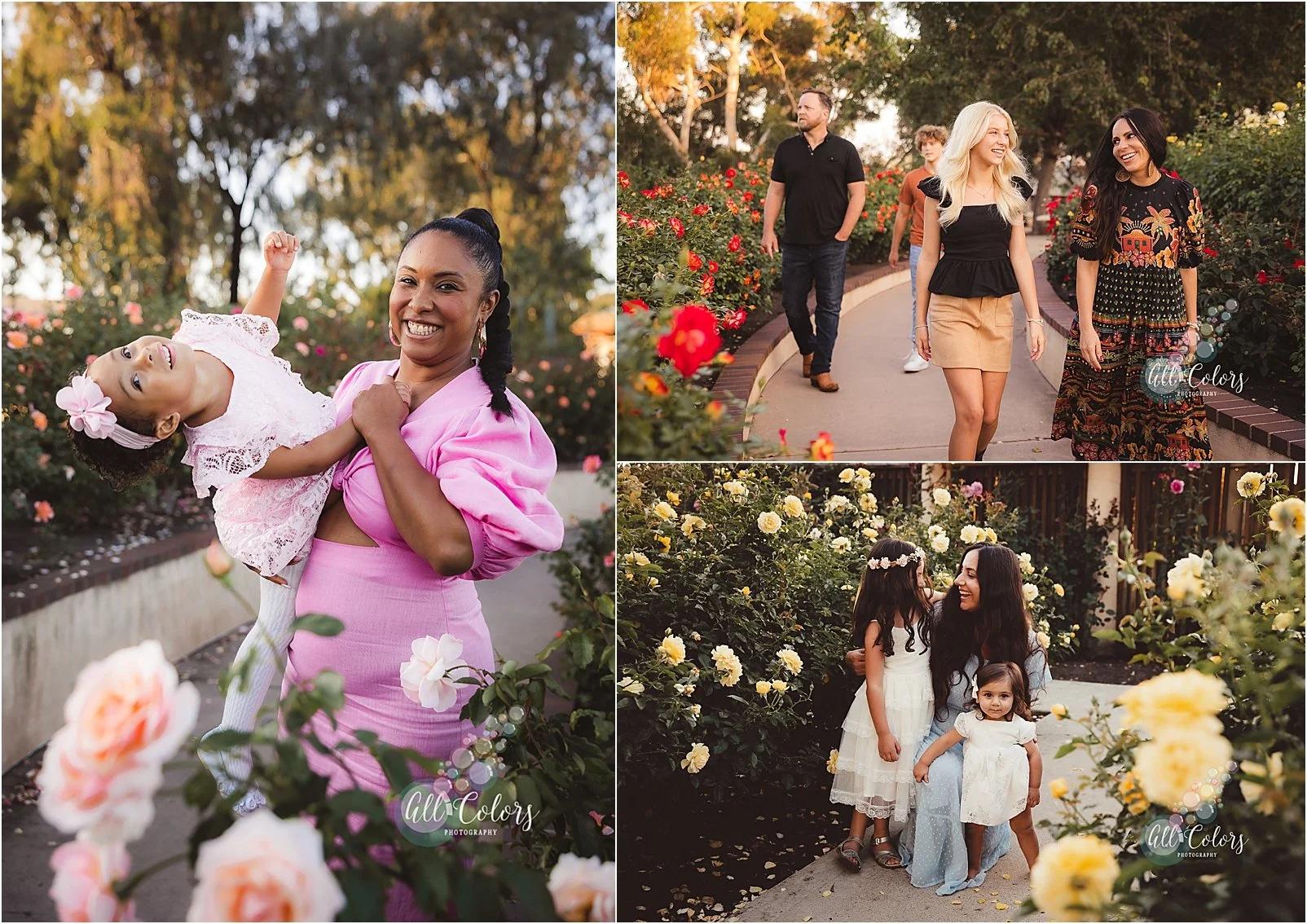 Photo Collage of three different families on a Rose Garden.