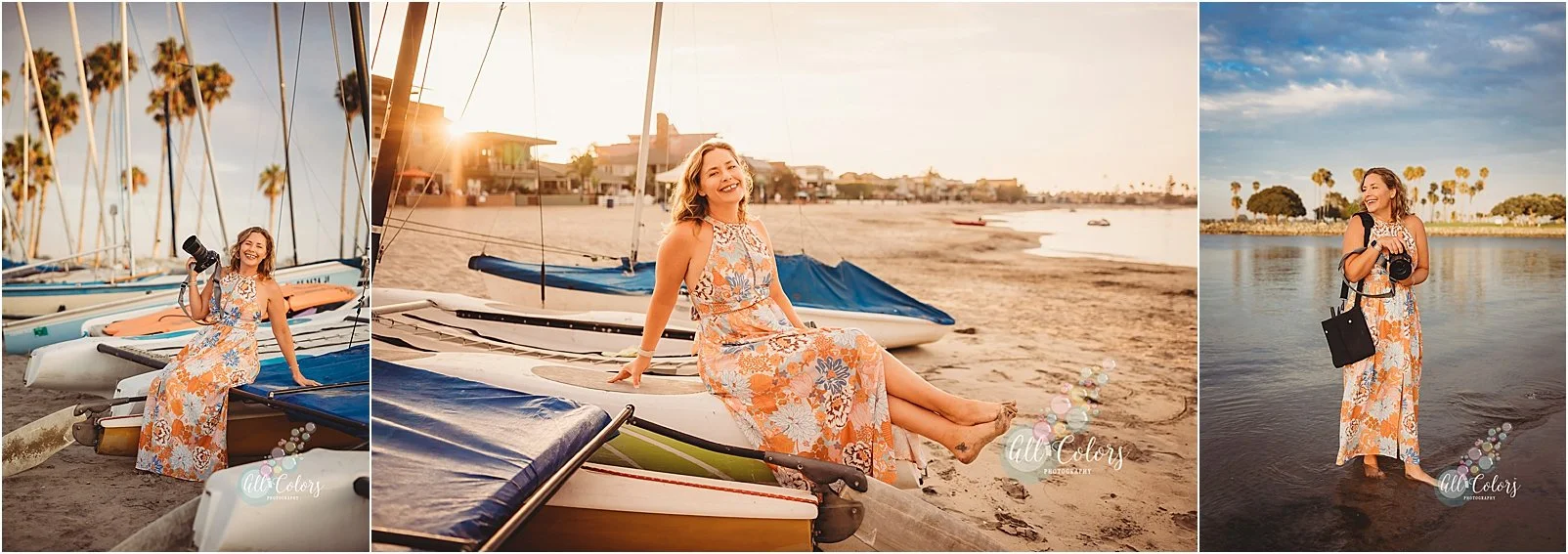 Photos of a photographer on Mission Bay in San Diego with strong tones of orange and blue