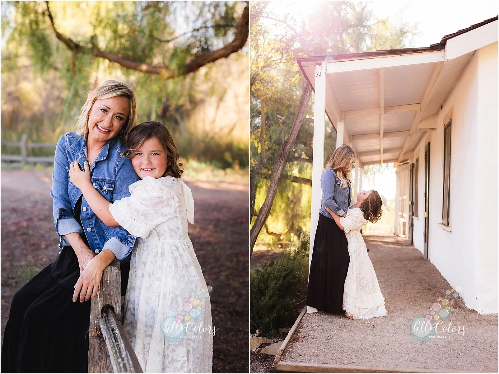Mom and daughter on a farm like setting at golden hour.