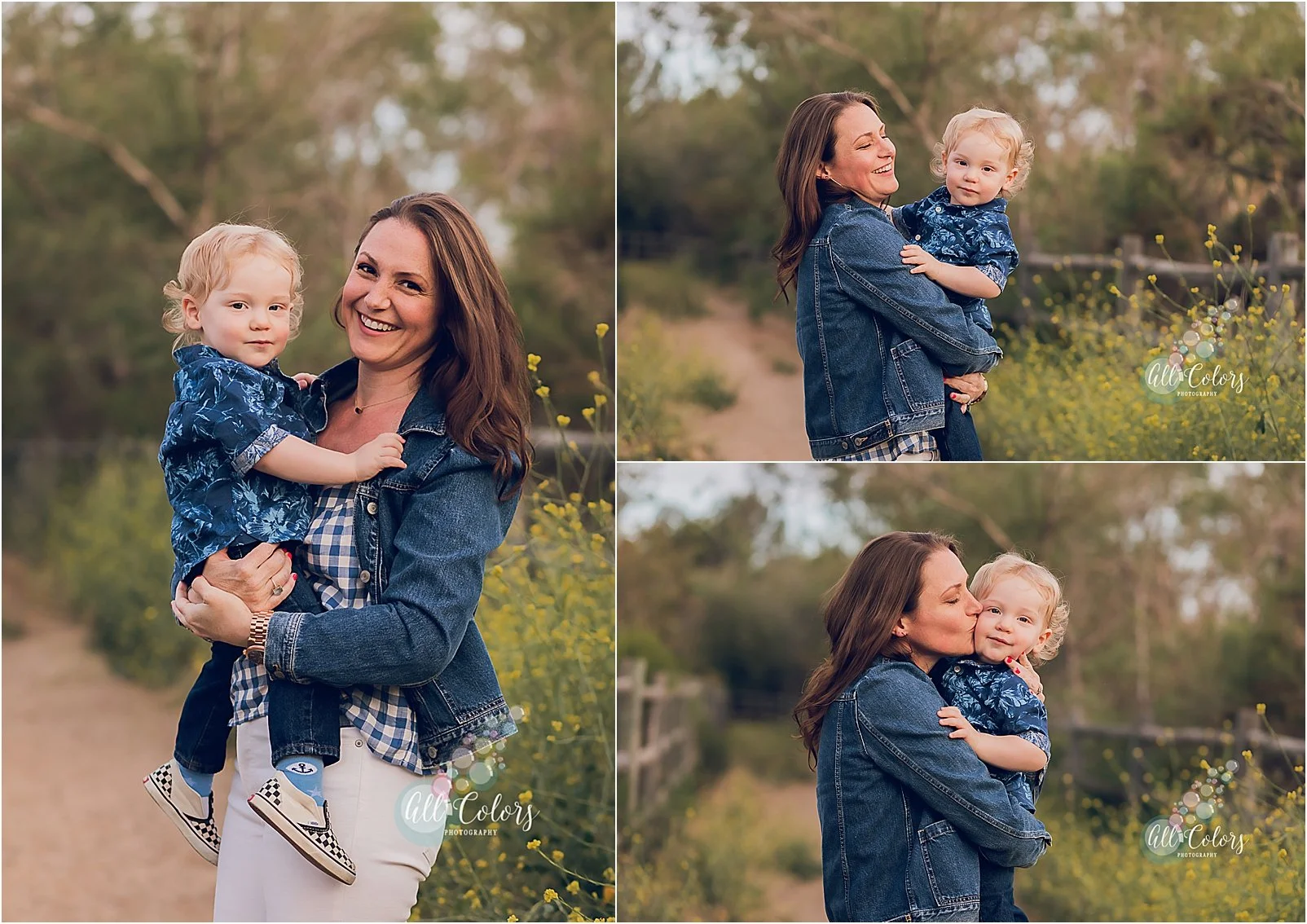 3 photos of a mom wearing a denim jacking holding her blonde baby boy.