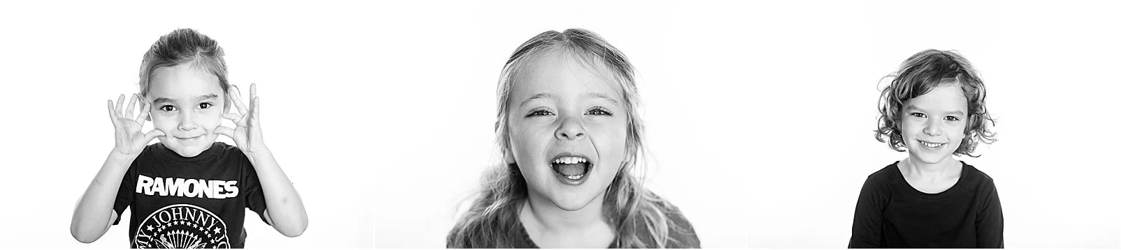 Black and white photos of 3 preschool aged children.