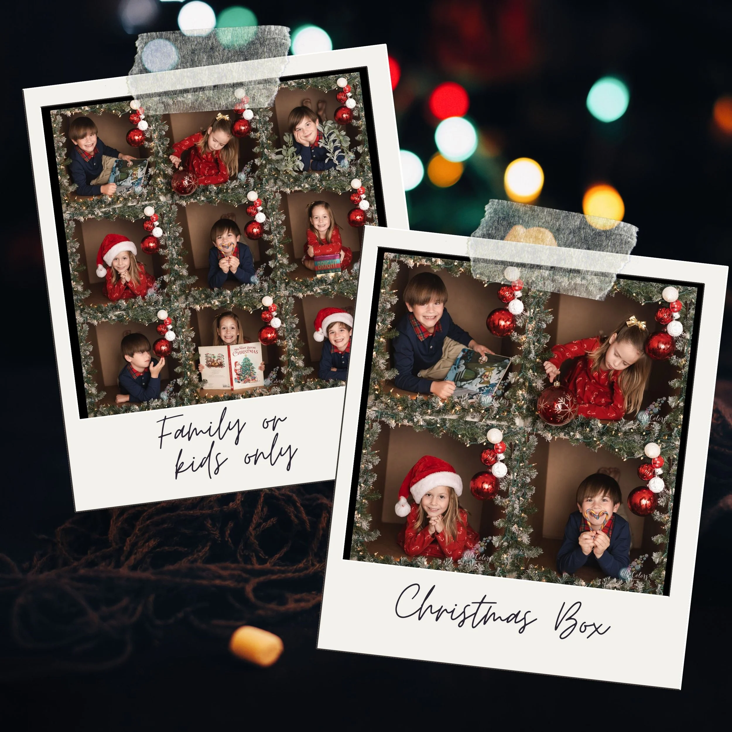 Photo Collage of a brother and sister dressed in Christmas outfits inside a cardboard box decorated for Christmas