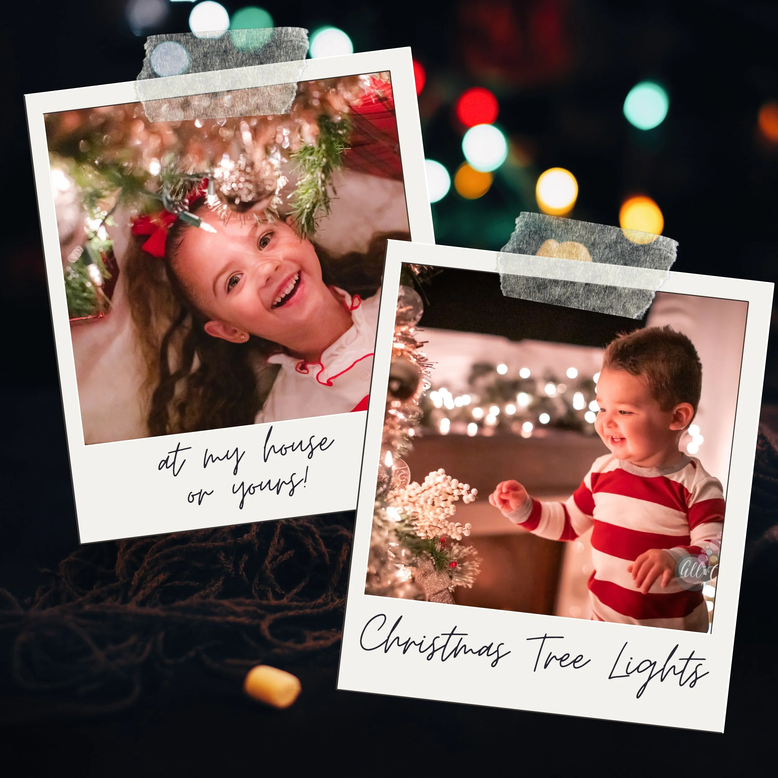 Polaroid style photos of kids by a Christmas Tree