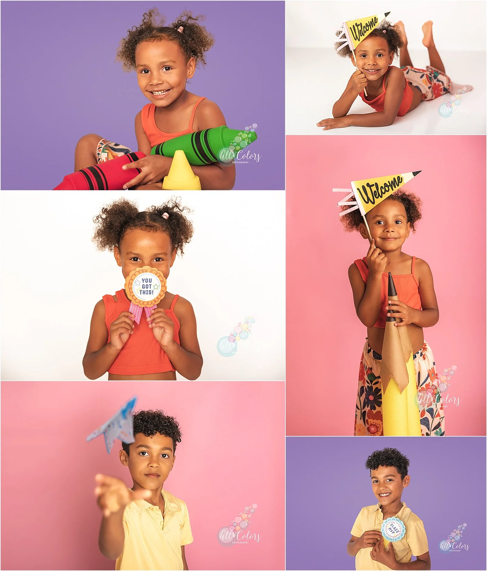 Back to school photos with two kids and colorful backgrounds