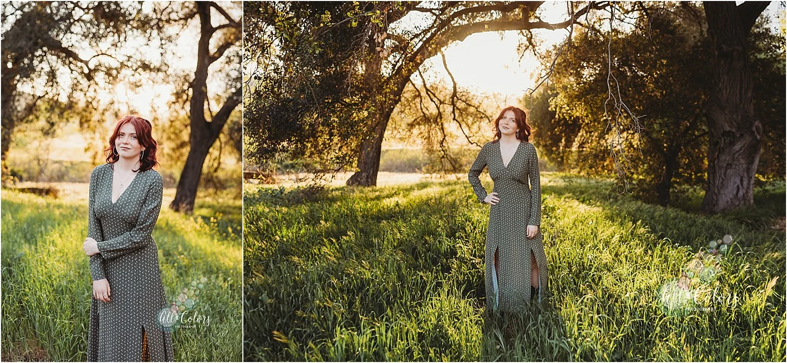Photos of a young woman on a grassy field with a large tree behind her.
