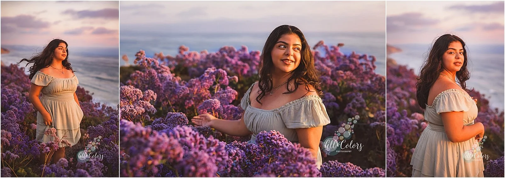 High School Senior Photographed with purple flowers in Del Mar.