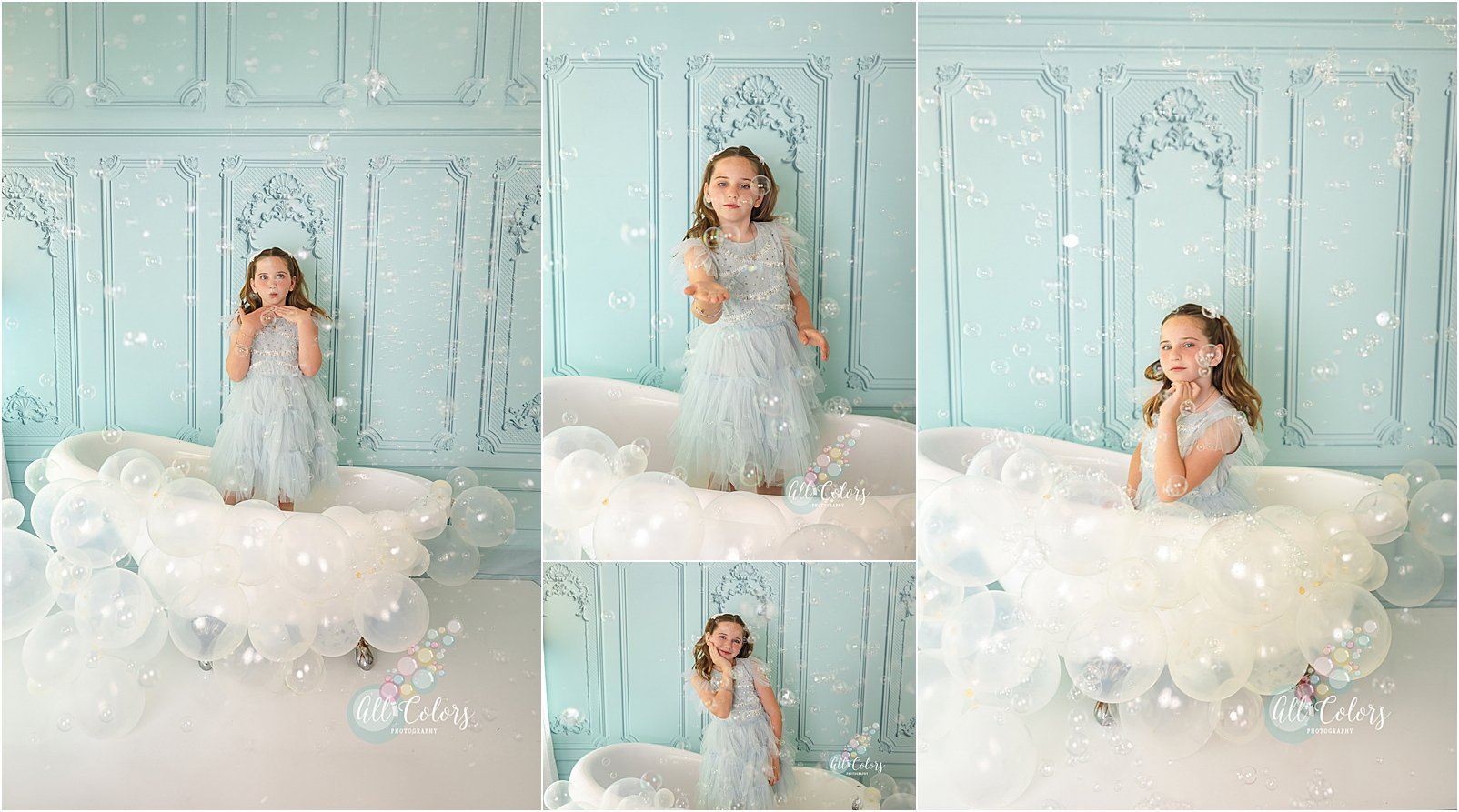 Photos of a white girl dressed in blue blowing bubbles inside a bath tub