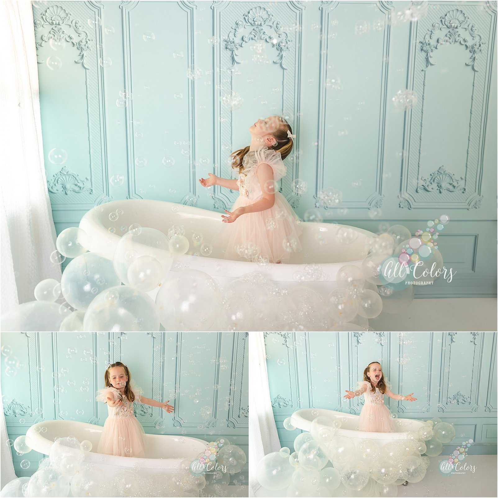 Editorial Photoshoot in San Diego for kids with a a bath tub and bubbles in studio