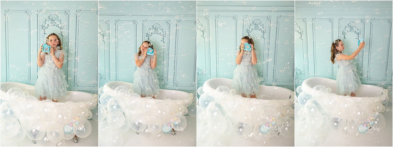 Photos of a girl taking photos with a fake blue camera in a bath tub full of bubbles