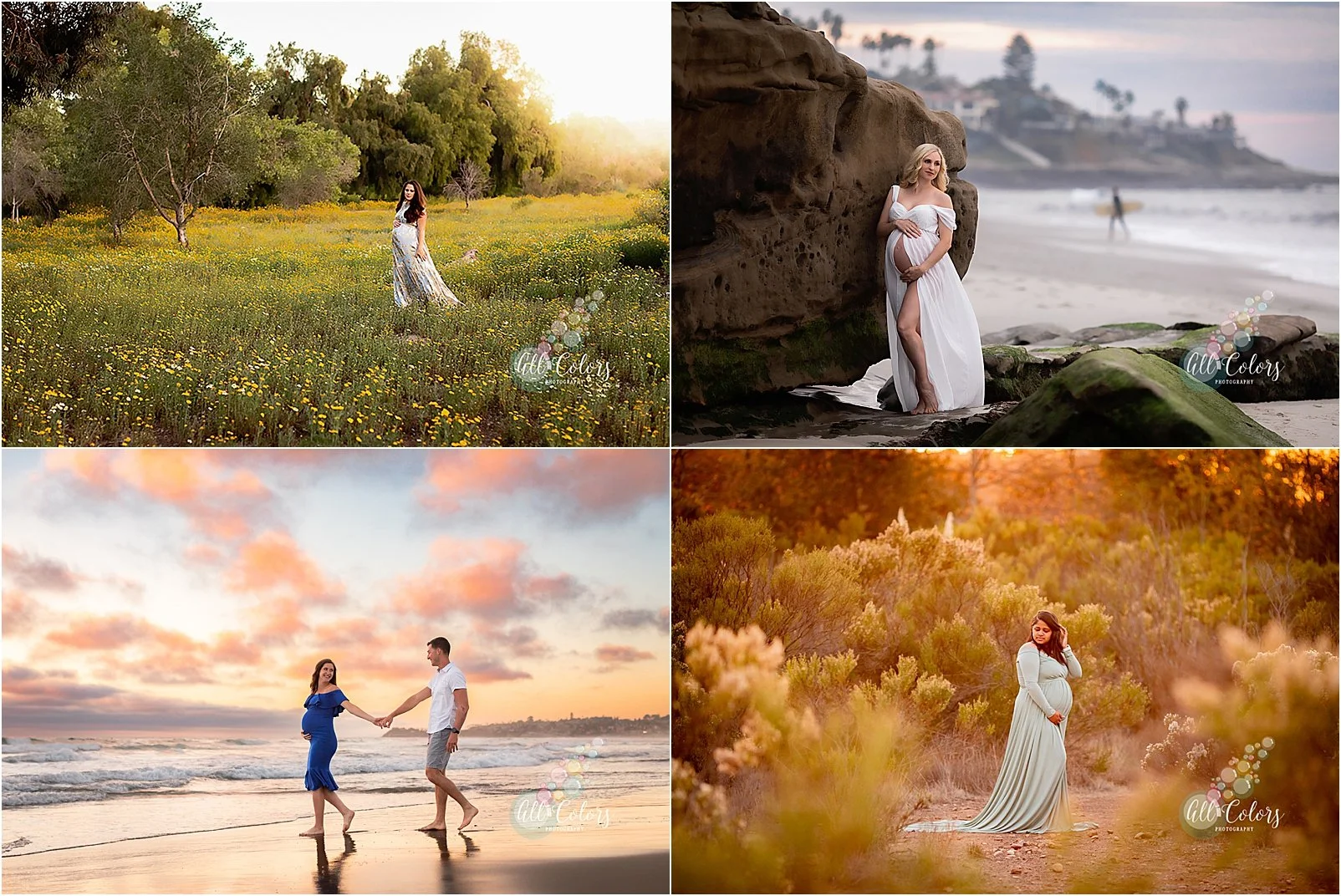 Collage of 4 Maternity photos taken in different location in San Diego, CA.