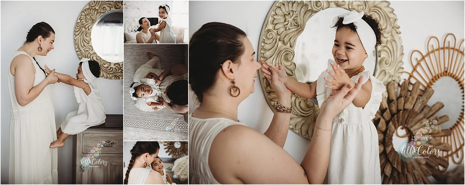 Photos of mom playing with her toddler daughter.