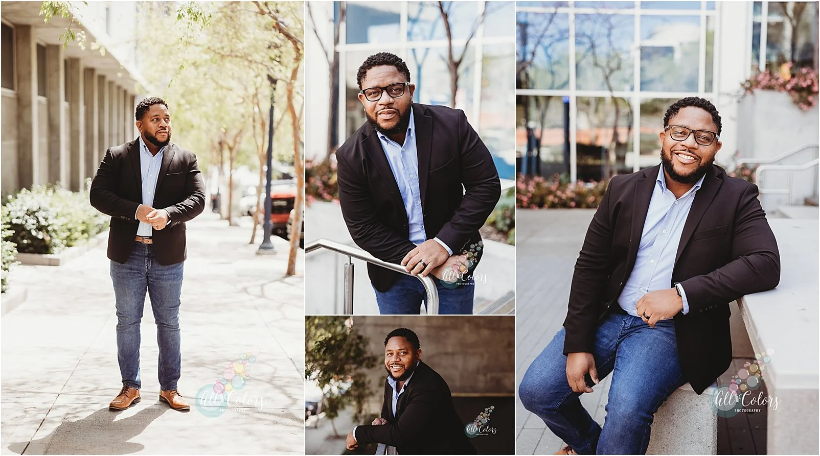 Series of four photos of a black male in casual office attire in the streets of San Diego
