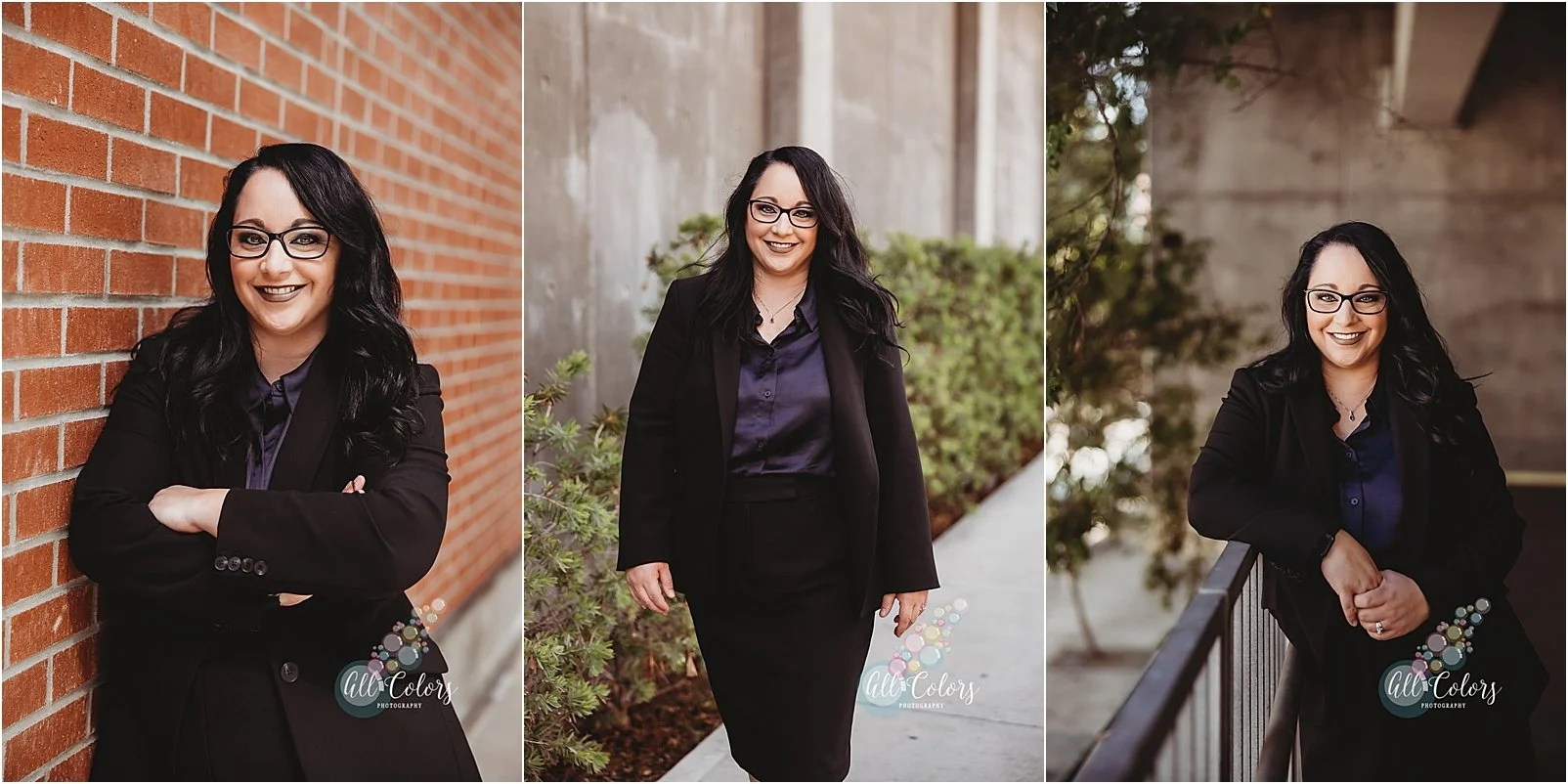 Headshots of a woman wearing a black suite in Downtown San Diego