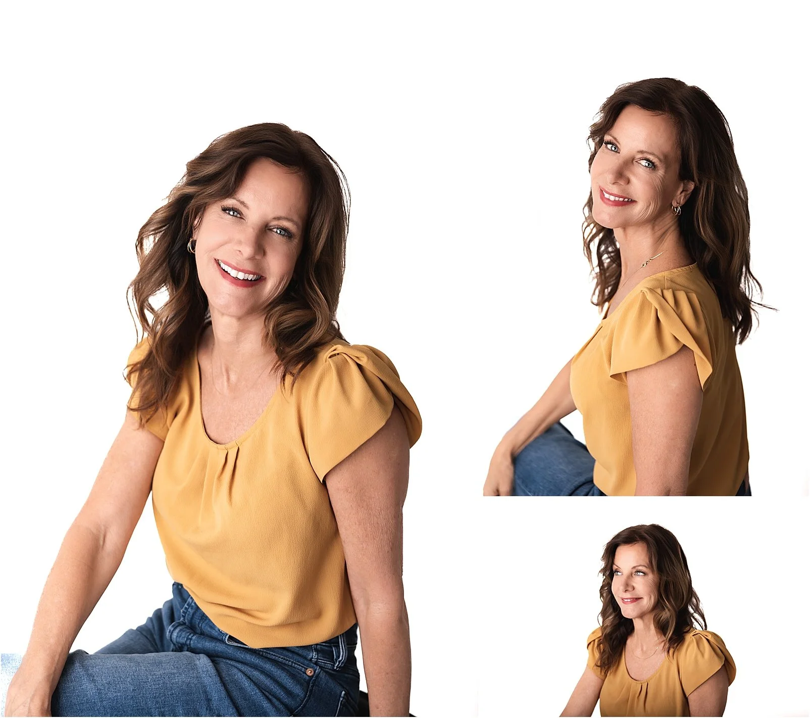 Studio Headshots of a white woman with blue eyes wearing denin and a mustard yellow blouse. on a white background.