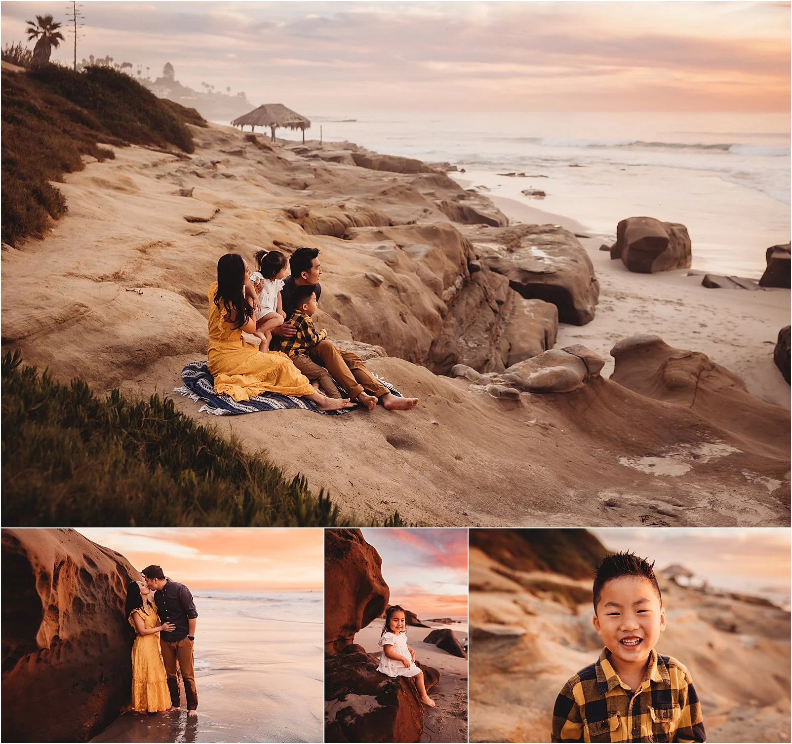 collage of 4 photos of a family of 4 at Windansea Beach in La Jolla, CA.