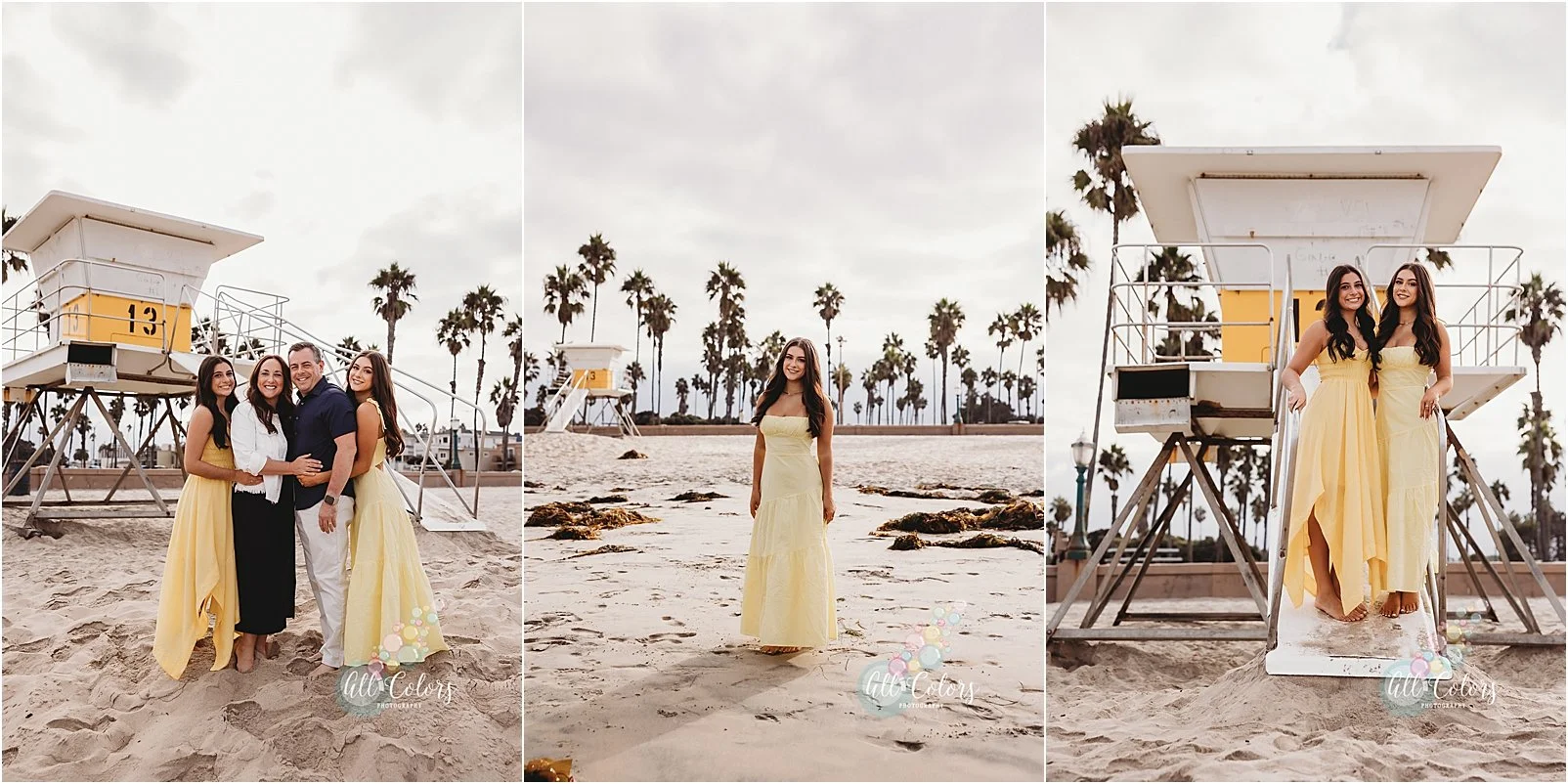 collage of 3 photos of the same family in Mission Beach in San Diego, CA