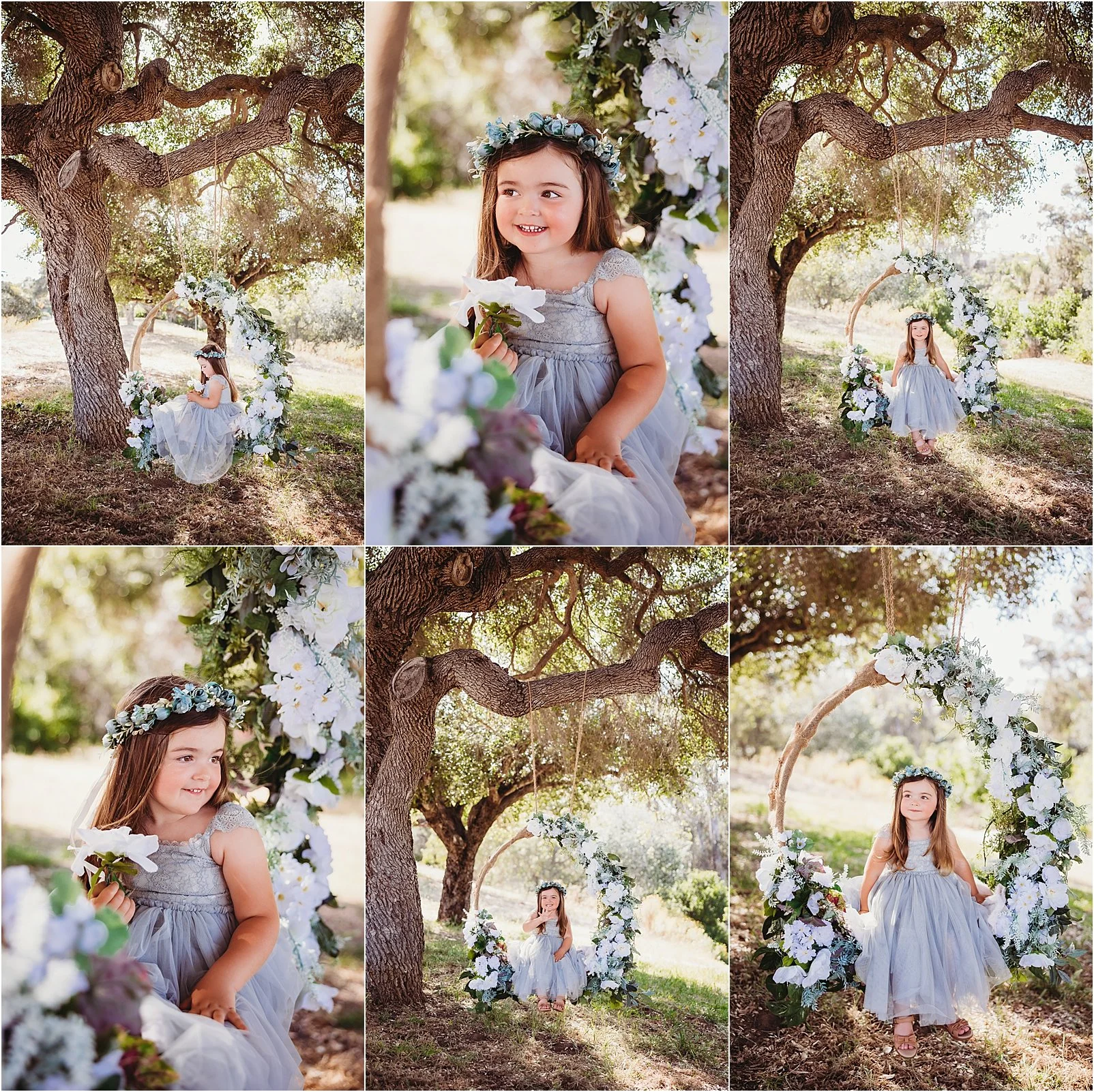 Collage of photos of a popular flower swing in San Diego