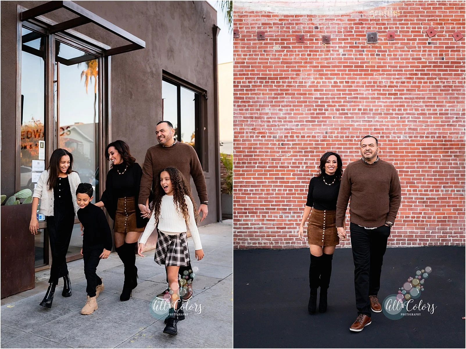 First photo shows a couple with their three kids walking on the streets of Little Italy in San Diego CA and the second photo is the couple walking in front of a brick wall.