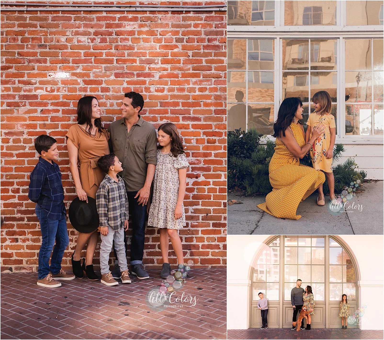 Photo collage of 3 different families wearing warm colors.