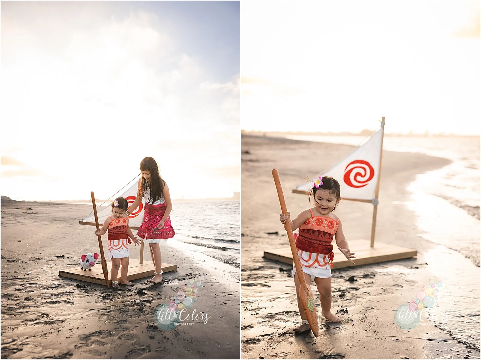 two little sisters dressed up in costume at the beach