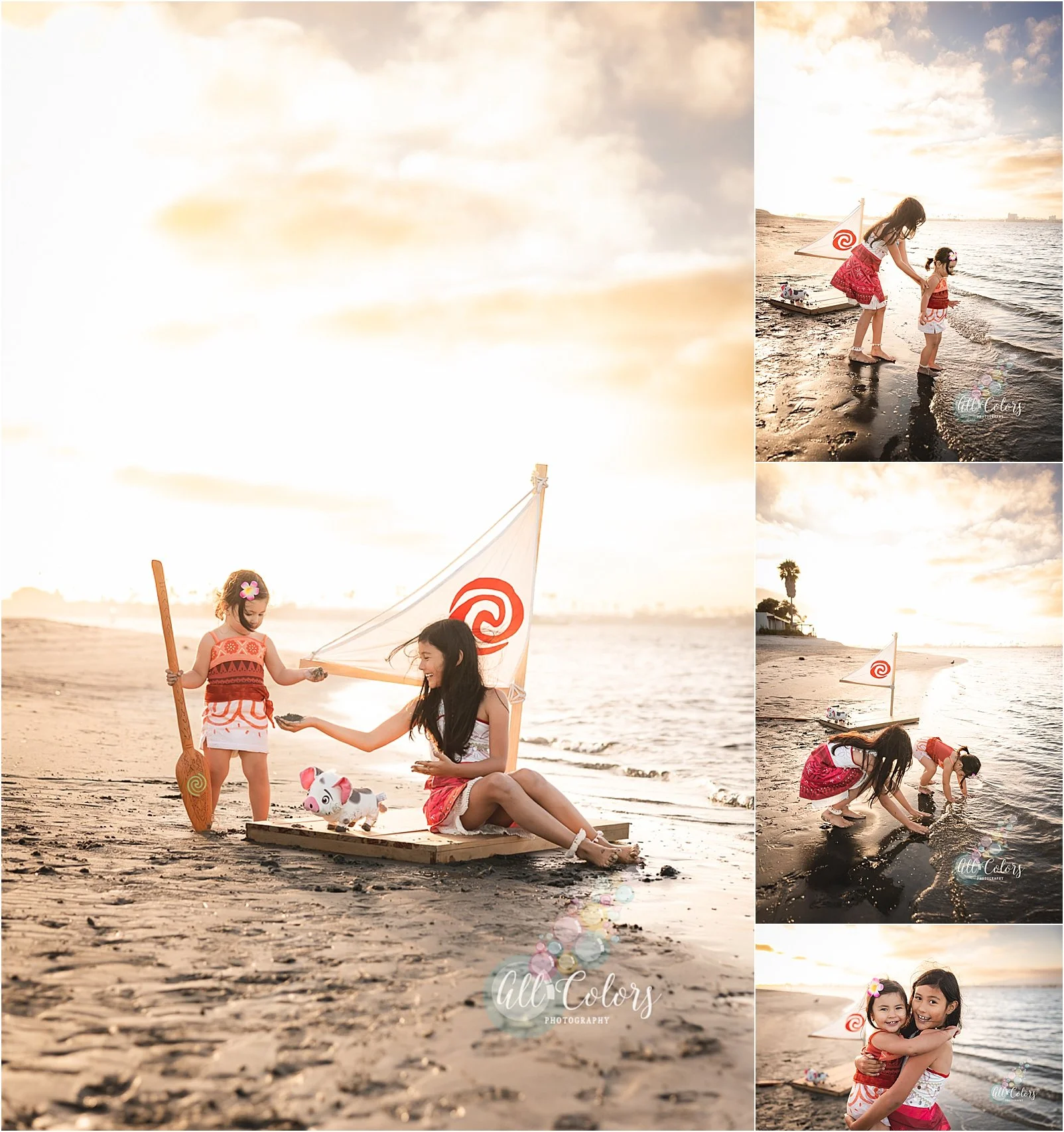 photoshoot with two sisters playing at the beach in costumes