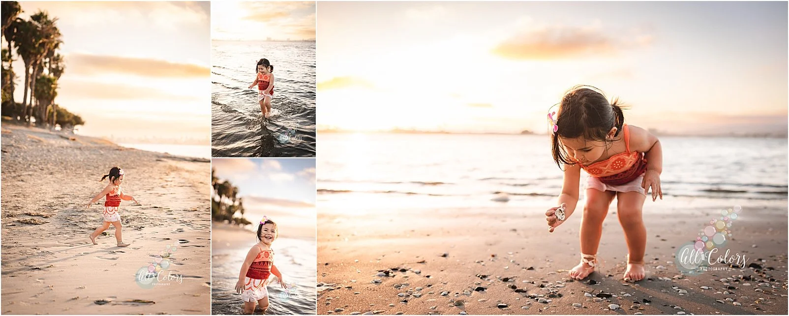 little girl playing with shells at the beach in San Diego, CA.