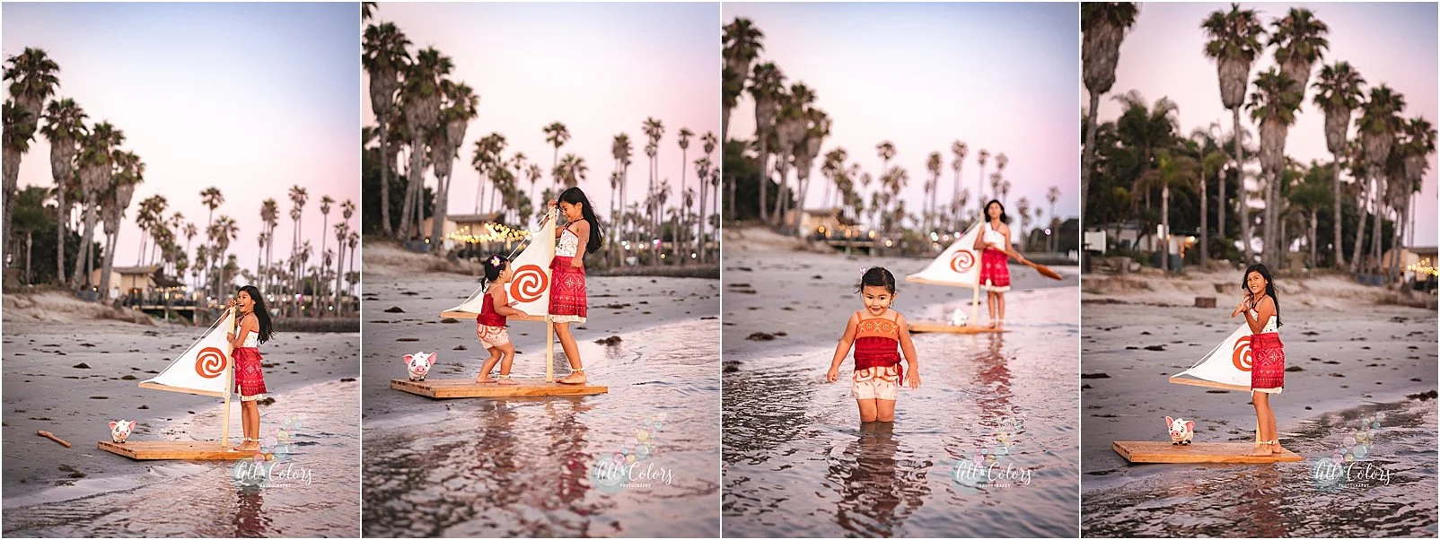 collage of photos of two sisters playing on the beach in San Diego, CA.