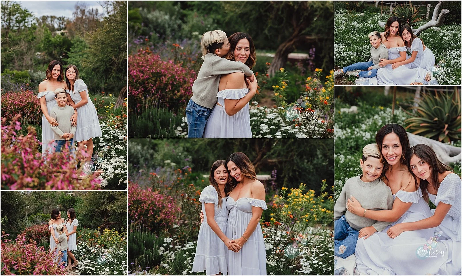 multiple photos of a mom with her children in a beautiful garden in San Diego.