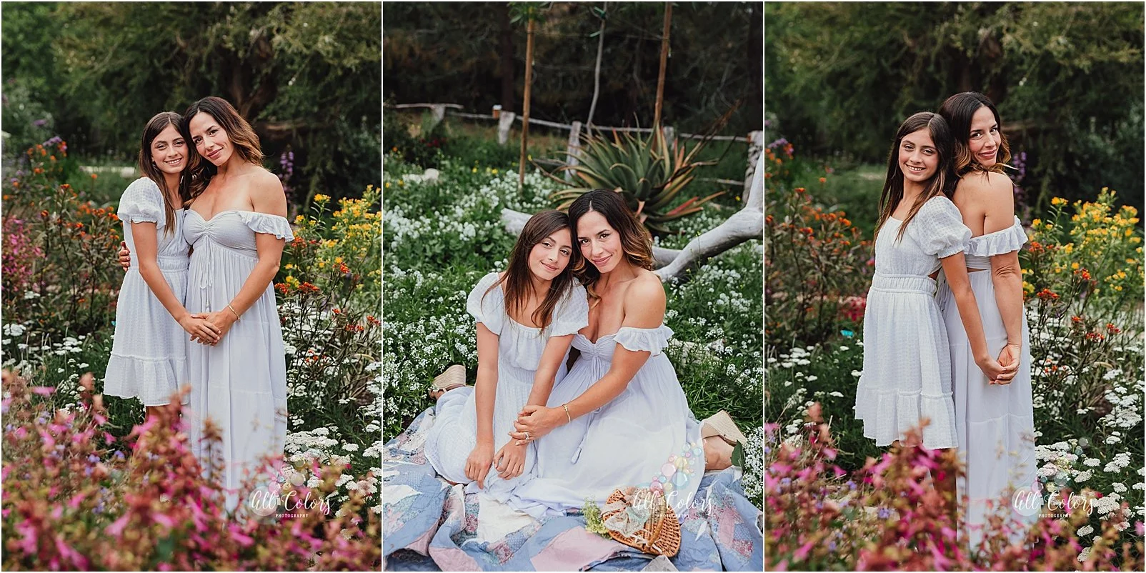 3 photos of a mother and daughter wearing white on a colorful garden in San Diego