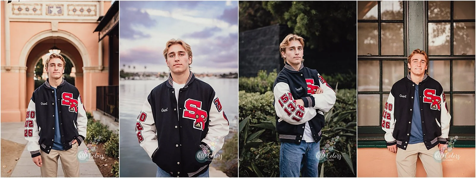 Collage of 4 photos of a High School Senior boy wearing his letterman jacket at Liberty Station in San Diego