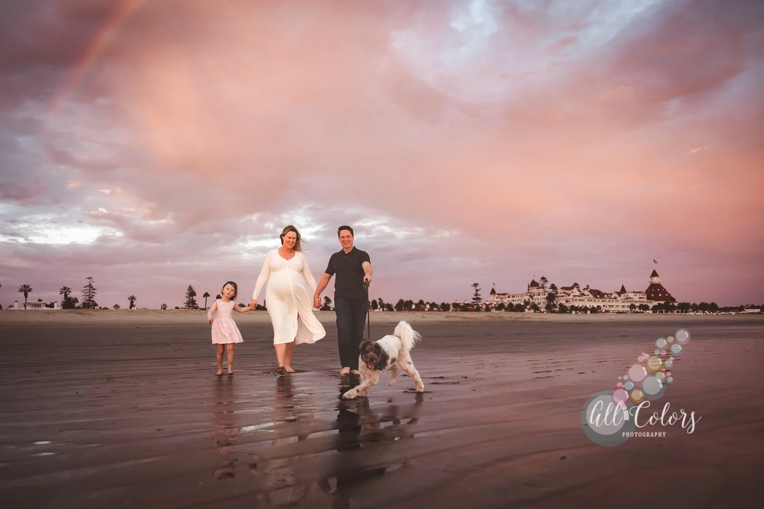 Family with their dog walk at Coronado Beach by the Hotel Del Coronado