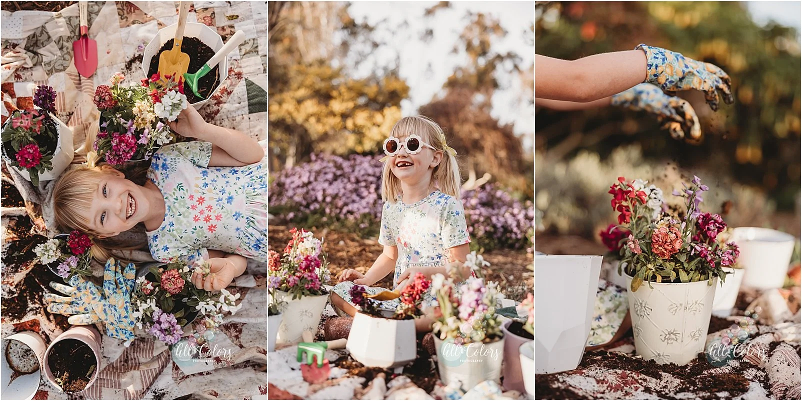 Collage of a gardening photoshoot with a little girl.