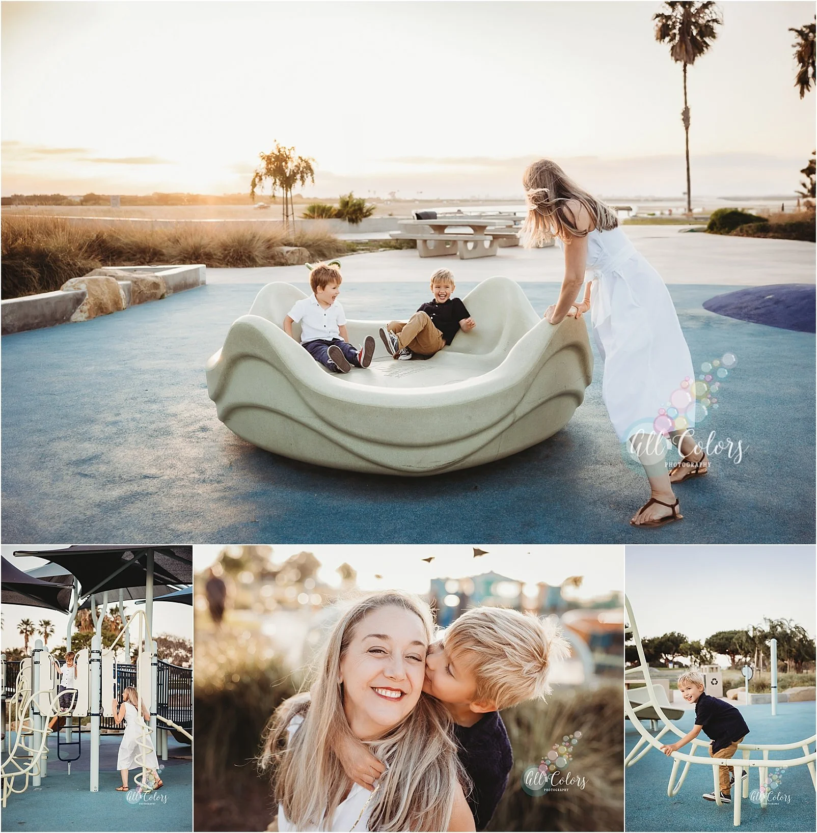 photos of a mom with her two boys playing at a playground in San Diego