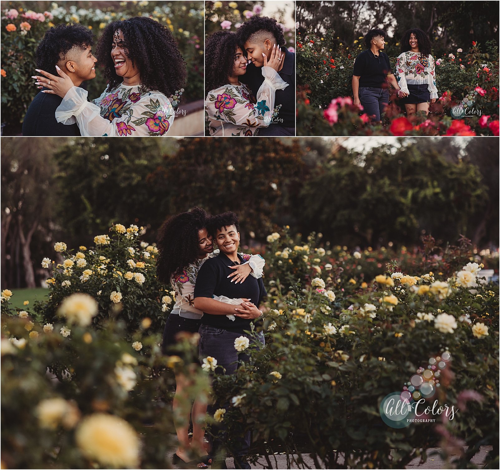 Collage of a couple holding hands at the Rose Garden in San Diego