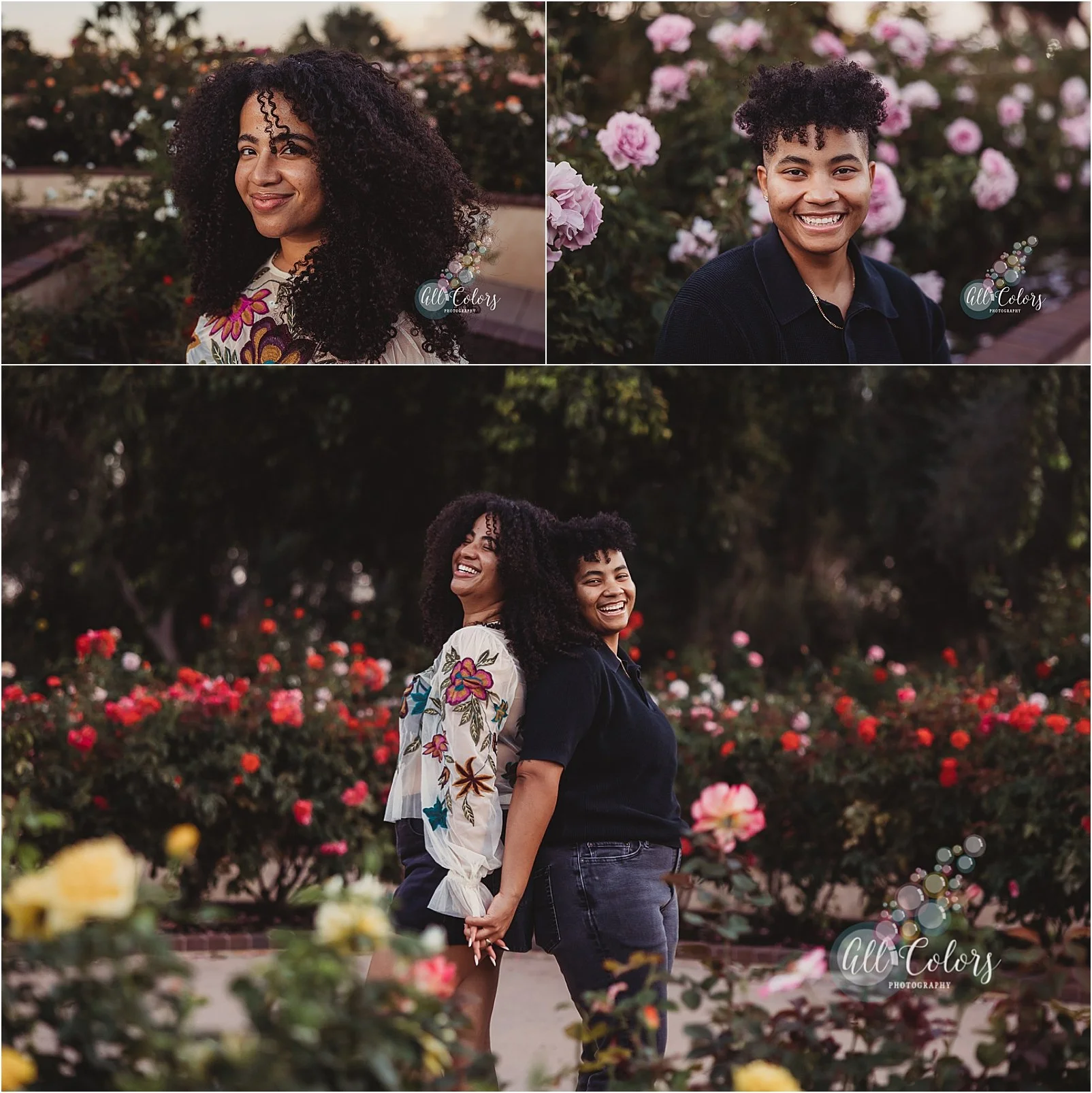 Photos of a couple at a Rose Garden