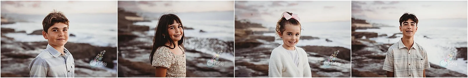 4 photos of 4 siblings, 2 girls and 2boys at the beach in San Diego