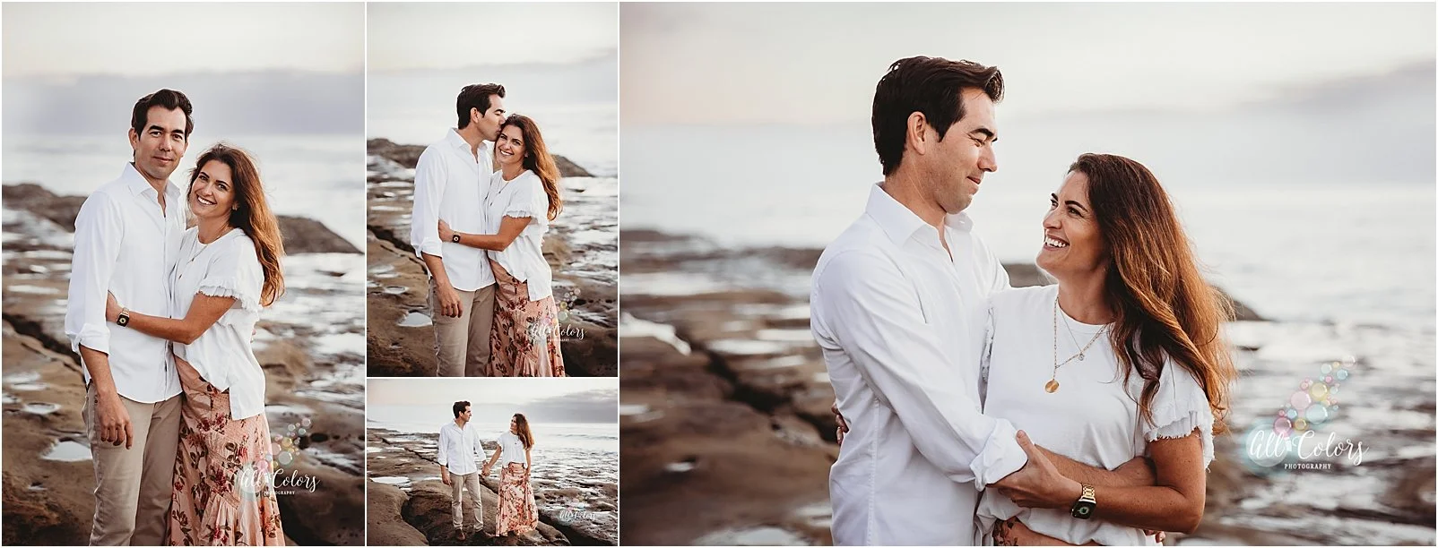 Couple at the beach wearing white t-shirts