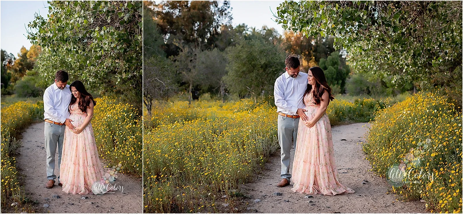 couple expecting a baby on field of wildflowers