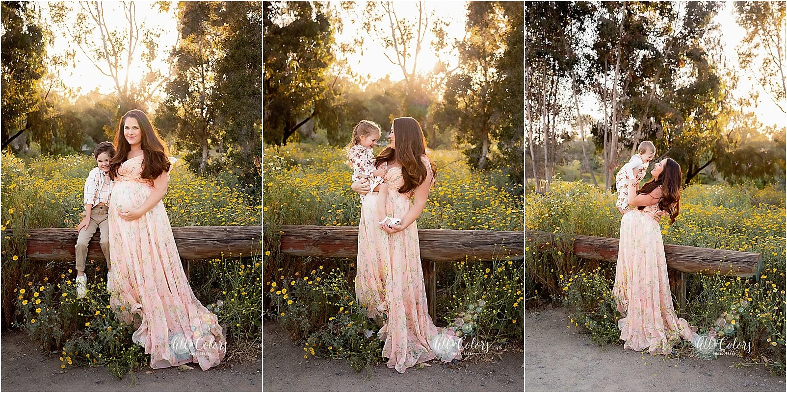 An expecting mom with her three children on a San Diego wildflower field